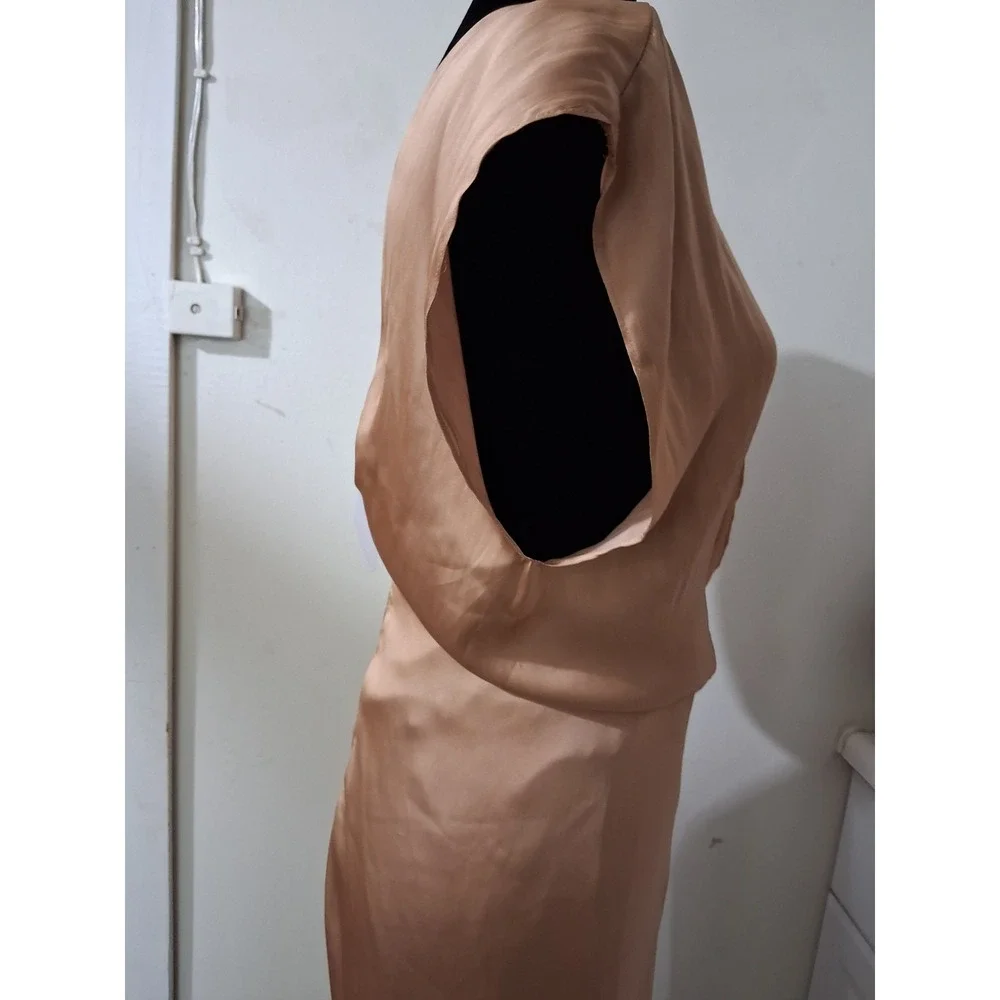 Reset by Jane Champagne Satin Draped Twist Front V-Back Midi Dress Womens Size M